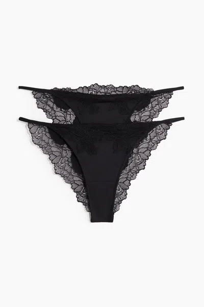 H&m 2-pack Microfibre And Lace Tanga Briefs In Black