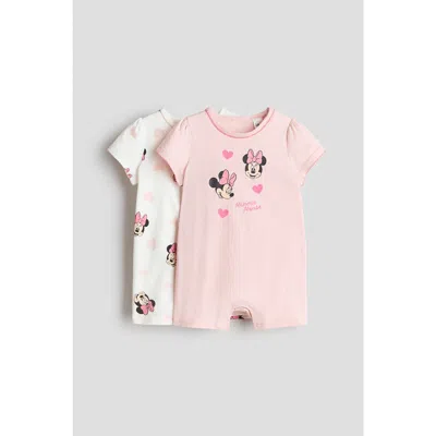 H&m Babies'  2-pack Printed Short Sleepsuits In Pink