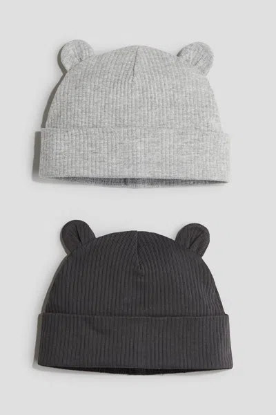 H&m Babies' 2-pack Ribbed Beanies With Ears In Gray
