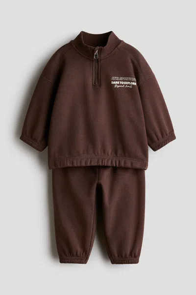 H&m Kids' 2-piece Brushed-inside Sweatshirt And Joggers Set In Brown