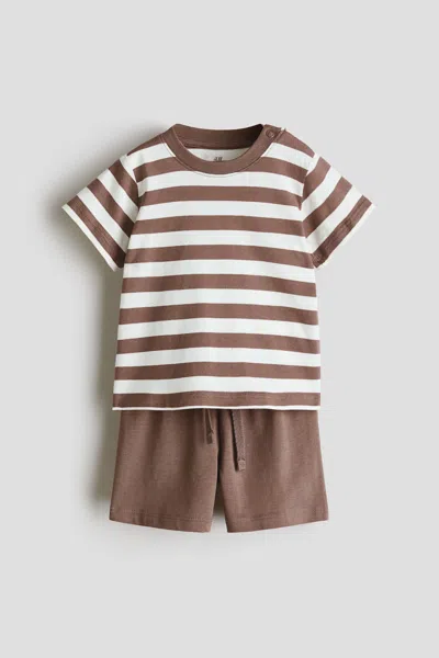 H&m Kids' 2-piece Cotton Jersey Set In Brown/white Striped