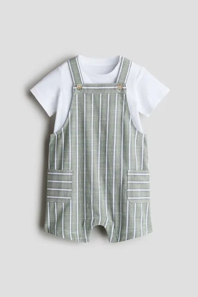 H&m Kids' 2-piece Cotton Set In Sage Green/striped