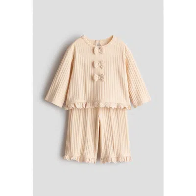 H&m Babies'  2-piece Knitted Bow-detail Set In Neutral