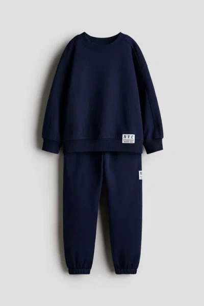 H&m Kids'  2-piece Motif-detail Sweatshirt Set In Blue