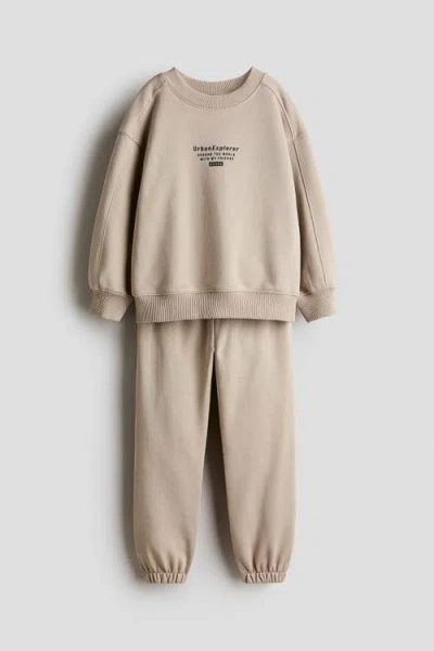 H&m Kids'  2-piece Motif-detail Sweatshirt Set In Brown