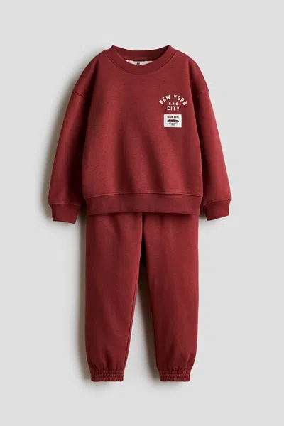 H&m Kids' 2-piece Printed Sweatshirt And Joggers Set In Burgundy