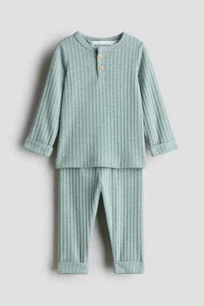 H&m Babies'  2-piece Ribbed Jersey Set In Blue