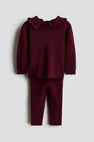 H&m Babies' 2-piece Rib-knit Cotton Set In Burgundy