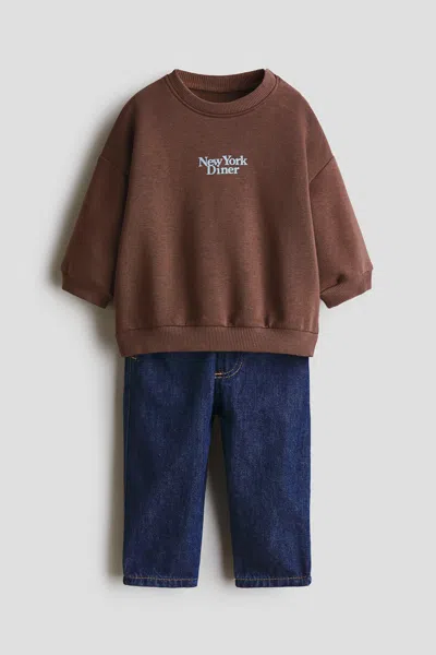 H&m Kids' 2-piece Sweatshirt And Joggers Set In Brown