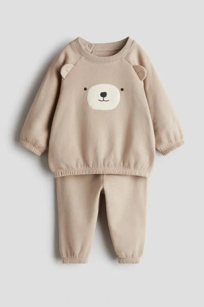 H&m Babies'  2-piece Teddy-detail Sweatshirt Set In Brown