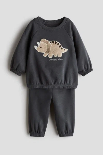 H&m Babies'  2-piece Teddy-detail Sweatshirt Set In Black