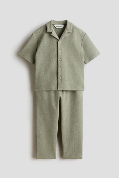 H&m Kids'  2-piece Textured Cotton Set In Green