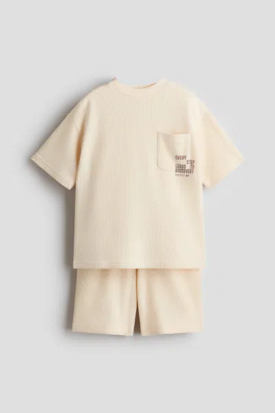 H&m Kids' 2-piece Textured Jersey Set In Light Beige/discovery