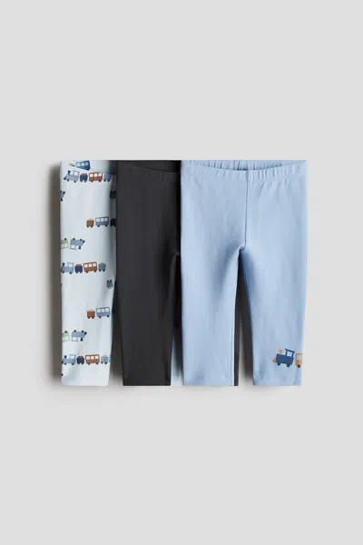 H&m 3-pack Cotton Jersey Leggings In Light Blue/trains