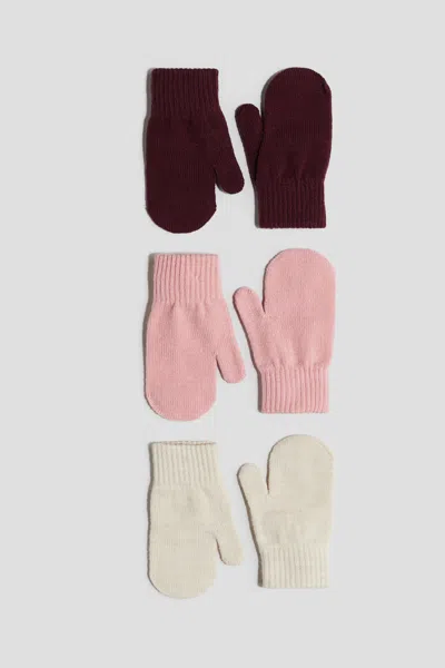 H&m 3-pack Mittens In Dark Red/pink/cream