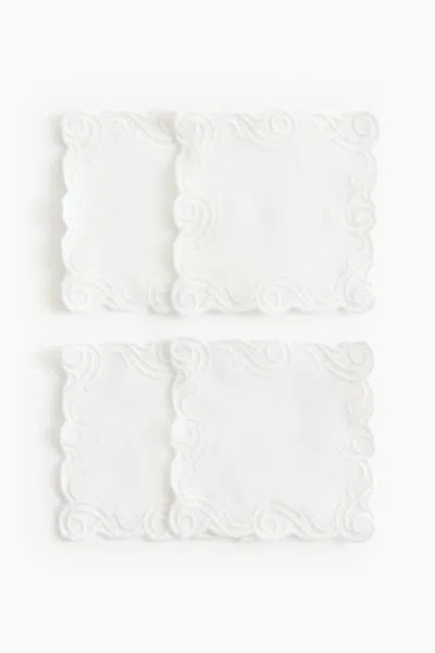 H&m 4-pack Embroidered-detail Coasters In White