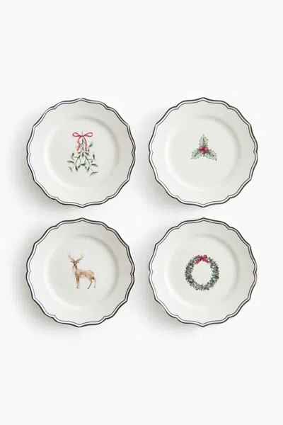 H&m 4-pack Printed Porcelain Mini Plates In White