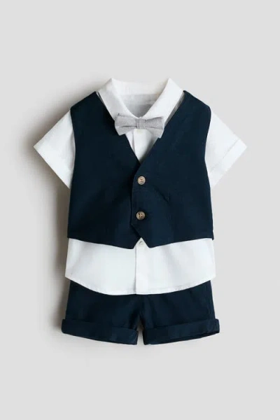 H&m Babies'  4-piece Linen-blend Dressy Set In Blue