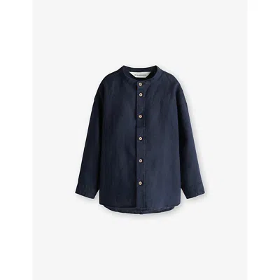 H&m Adorables Kids' Blue Dark Collarless Long-sleeve Linen Shirt 3-10