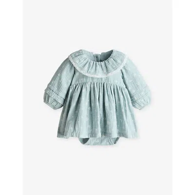 H&m Adorables Kids' Bodysuit Floral-print Cotton-muslin Mini Dress 0-9 Months Turquoise Dusty Lig In Turquoise Dusty Light