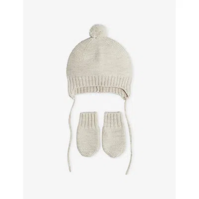 H&m Adorables Babies' Dusty Light Ribbed Knitted Wool Mittens And Hat Set 0-6 In Neutral