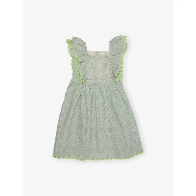H&m Adorables Kids' Green Light Floral-print Frilled Cotton Dress 2