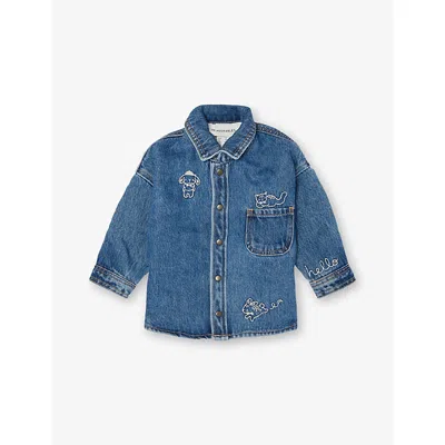 H&m Adorables Babies' Graphic-embroidered Long-sleeve Denim Shirt 4-36 Months Blue Medium Dusty
