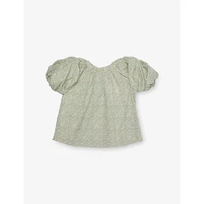 H&m Adorables Kids' Green Light Puff-sleeve Floral-print Cotton Top 2-10