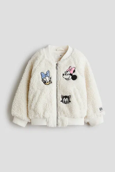 H&m Kids' Appliquéd Teddy Fleece Bomber Jacket In Neutral