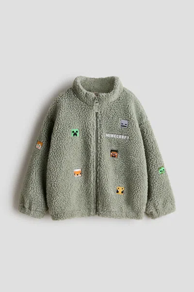 H&m Kids' Appliquéd Teddy Fleece Jacket In Green