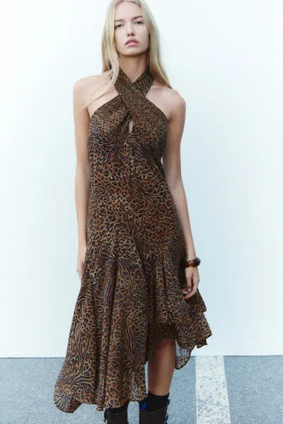 H&m Asymmetric Halterneck Dress In Dark Brown/leopard Print