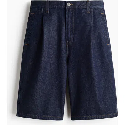 H&m Baggy Pleated Denim Shorts In Blue