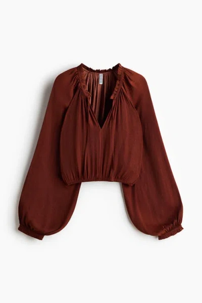 H&m Balloon-sleeved Blouse In Brown