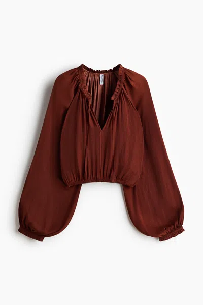 H&m Balloon-sleeved Blouse In Brown