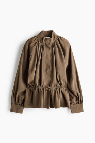 H&m Balloon-sleeved Drawstring-detail Jacket In Brown