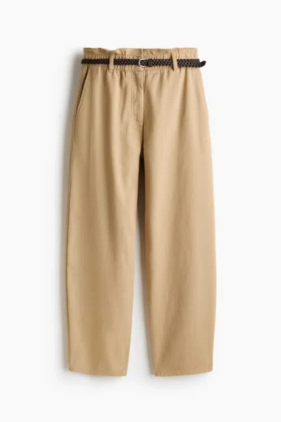 H&m Belted Barrel Trousers In Brown