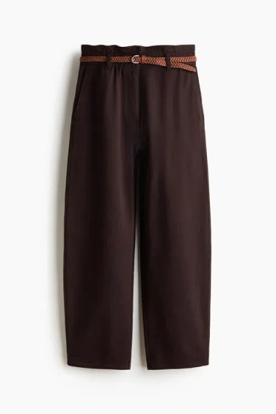 H&m Belted Barrel Trousers In Brown