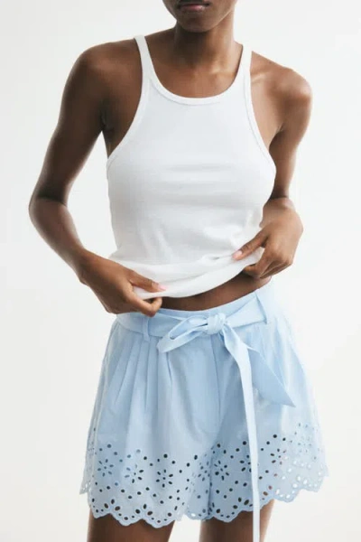 H&m Belted Cotton Shorts In Blue