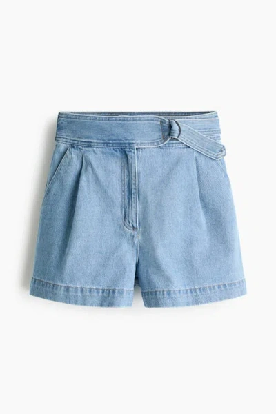 H&m Belted Denim Shorts In Blue