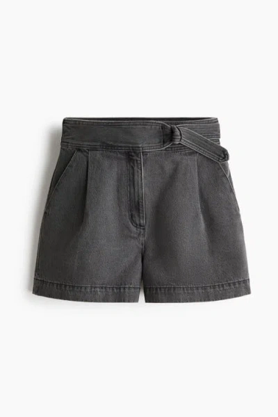 H&m Belted Denim Shorts In Gray