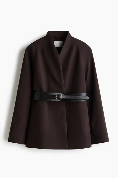 H&m Belted Lapelless Jacket In Brown