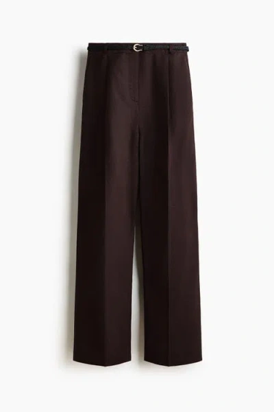 H&m Belted Linen-blend Trousers In Brown