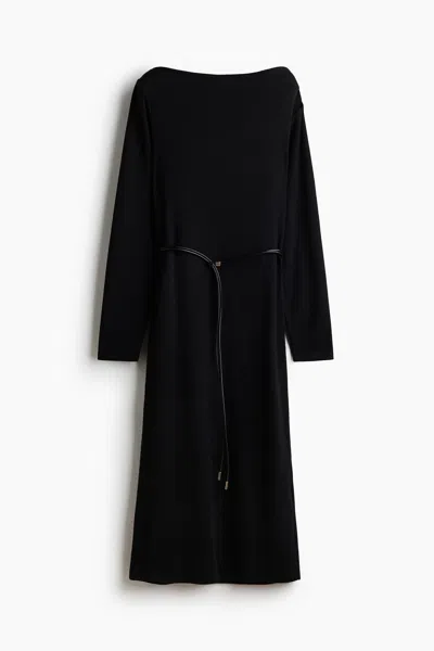 H&m Belted Rib-knit Dress In Black