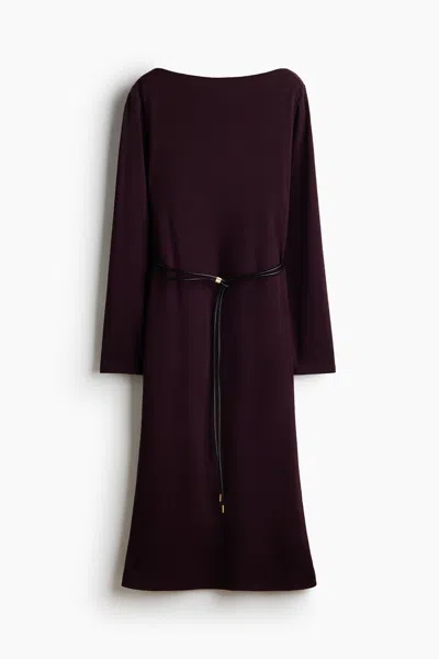 H&m Belted Rib-knit Dress In Purple