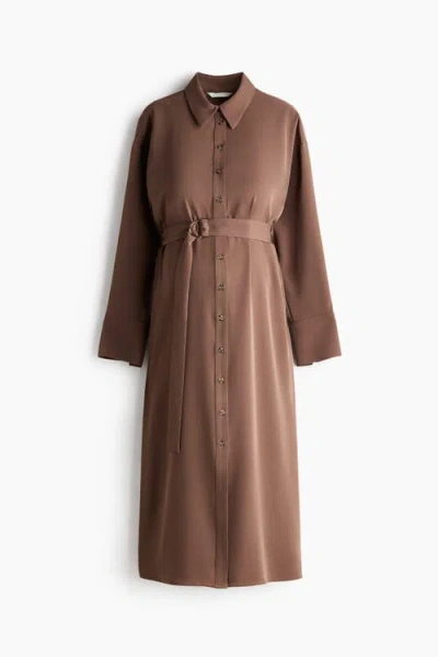 H&m Belted Shirt Dress In Brown