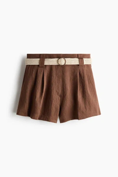 H&m Belted Tailored Shorts In Brown