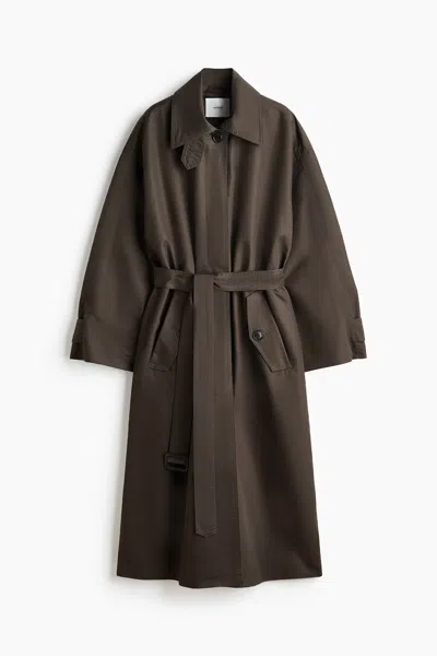 H&m Belted Twill Coat In Brown