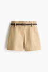 H&m Belted Twill Shorts In Brown
