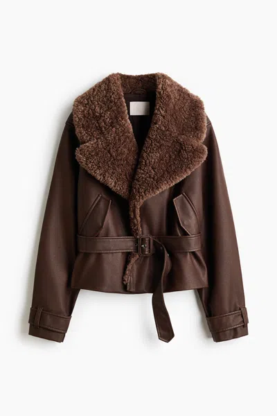 H&m Biker Jacket With Teddy Fleece Collar In Dark Brown