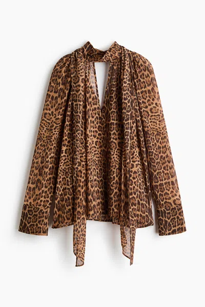 H&m Blouse With Scarf Collar In Animal Print